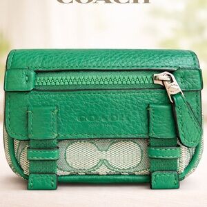 Coach Green Signature Canvas & Leather Zip Pouch Utility Case